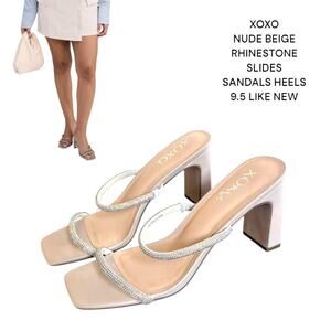 XOXO TAN NUDE RHINESTONE SLIP ON SLIDES‎ HEELS SANDALS SIZE 9.5 euc